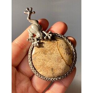 Silver tone huge natural jasper frog pendant